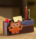 Owl Motif Pine Wood Desk Organizer