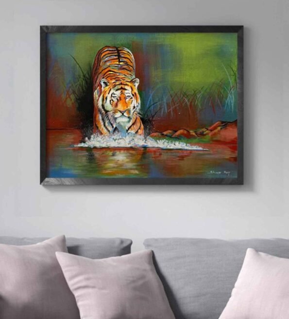 Red & Green Royal Bengal Tiger Canvas Original Wall Painting