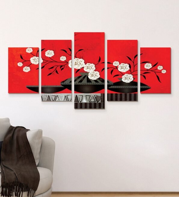 Red Pinewood Printed Floral -Set of 5 Art Panels