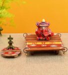 Red Wooden Pooja Chowki And Ganesha Idol