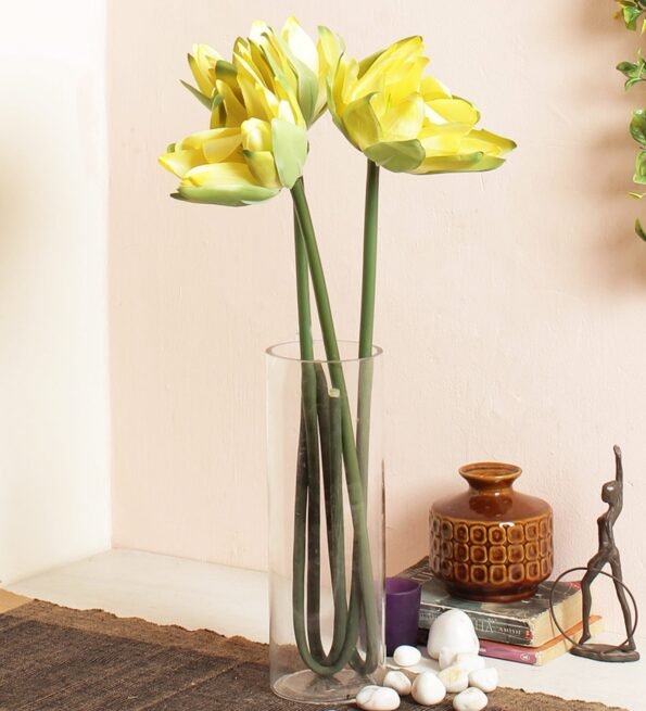 Yellow Fabric Artificial Single Lotus Flower Stem Set Of 3