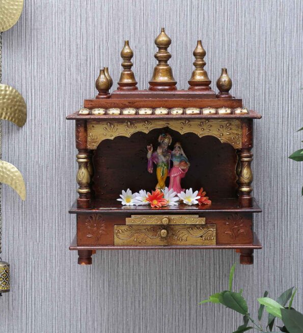 Copper Sheesham Wood & MDF Pooja Mandir Without Door