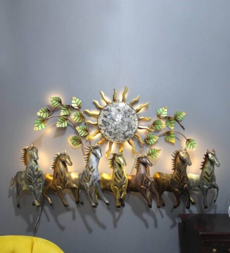 Iron 7 Running Horse Wall Art With LED In Gold