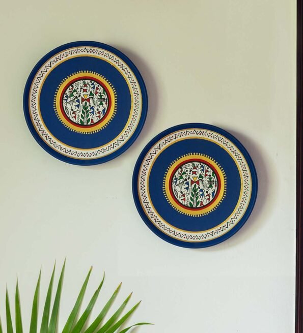 The Warli Tales Hand-Painted Terracotta Wall Plates Wall Decor (8 Inch Set Of 2 Blue)