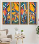 Tree Leaves Multicolour Canvas Framed Landscape Art Panel Set of 4