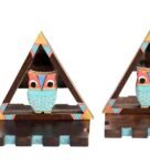 Triangular Mango Wood Wall Shelves With Blue Owl Motifs Set Of 2