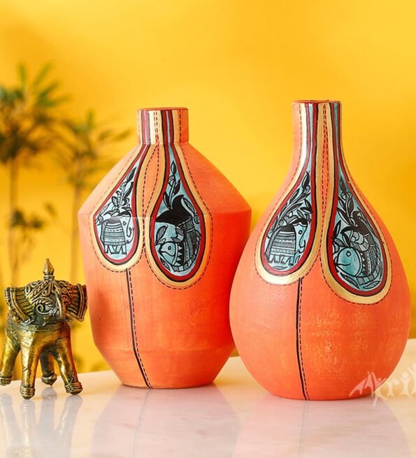 Warli Earthen (Set Of 2) Orange Terracotta Table Vase
