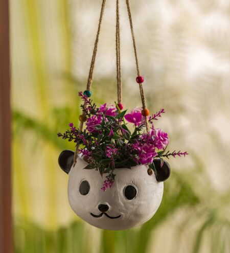 White & Black Terracotta Swinging Panda Handpainted Hanging Planter