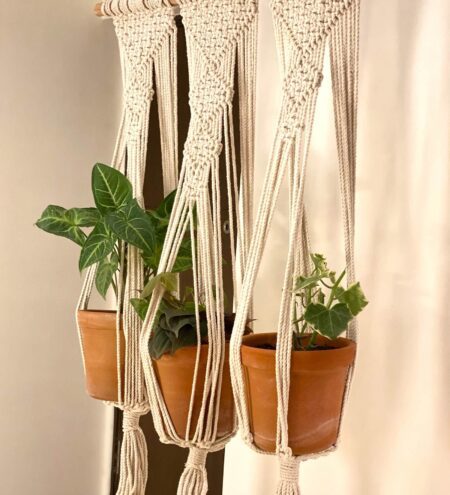 White Triple Plant Cotton Boho Rope Macrame Plant Holder