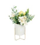 White Plastic Artificial Plant With Highly Attractive Ceramic Pot And Golden Iron Stand