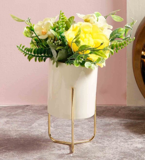 White Plastic Artificial Plant With Highly Attractive Ceramic Pot And Golden Iron Stand