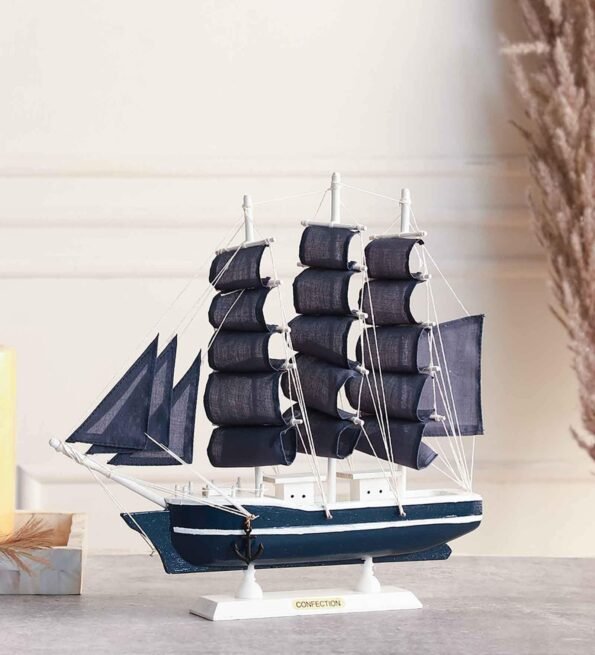 Wooden 12 inches White & Blue with Blue Mast Sailing Ship Showpiece