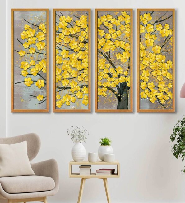 Yellow Tree Multicolour Canvas Framed Landscape Art Panel Set of 4